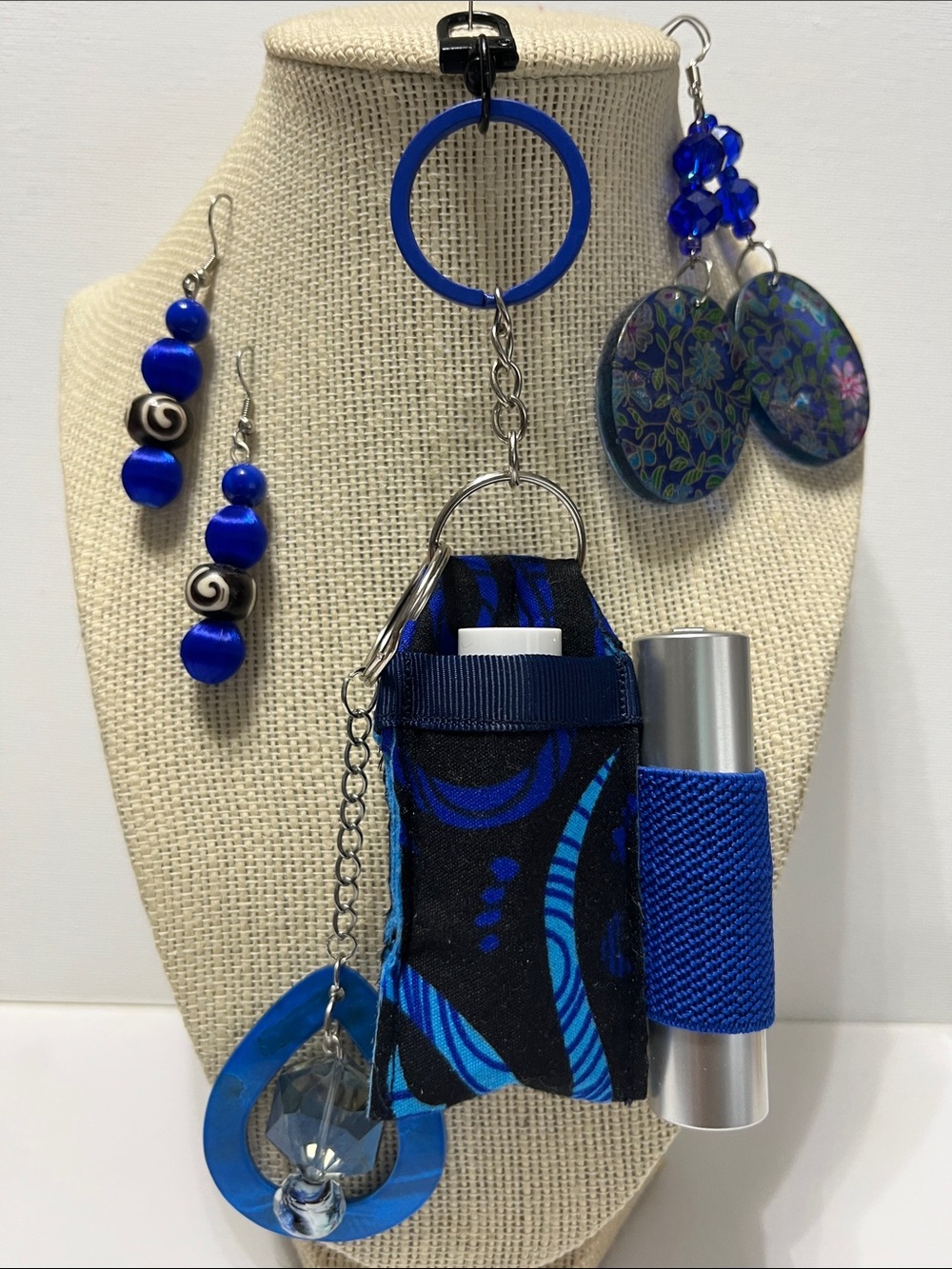 Gift Set 5 pc. Blue Double Lipstick Lip Balm Keychain with Matching Earrings